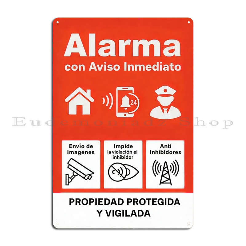 Home Security Business - ป้ายโลหะระบบเตือนภัย 24 ชม. สไตล์เรโทร ป้ายตกแต่งรักษาความปลอดภัยสไตล์วินเทจสเปน พร้อมไอคอน