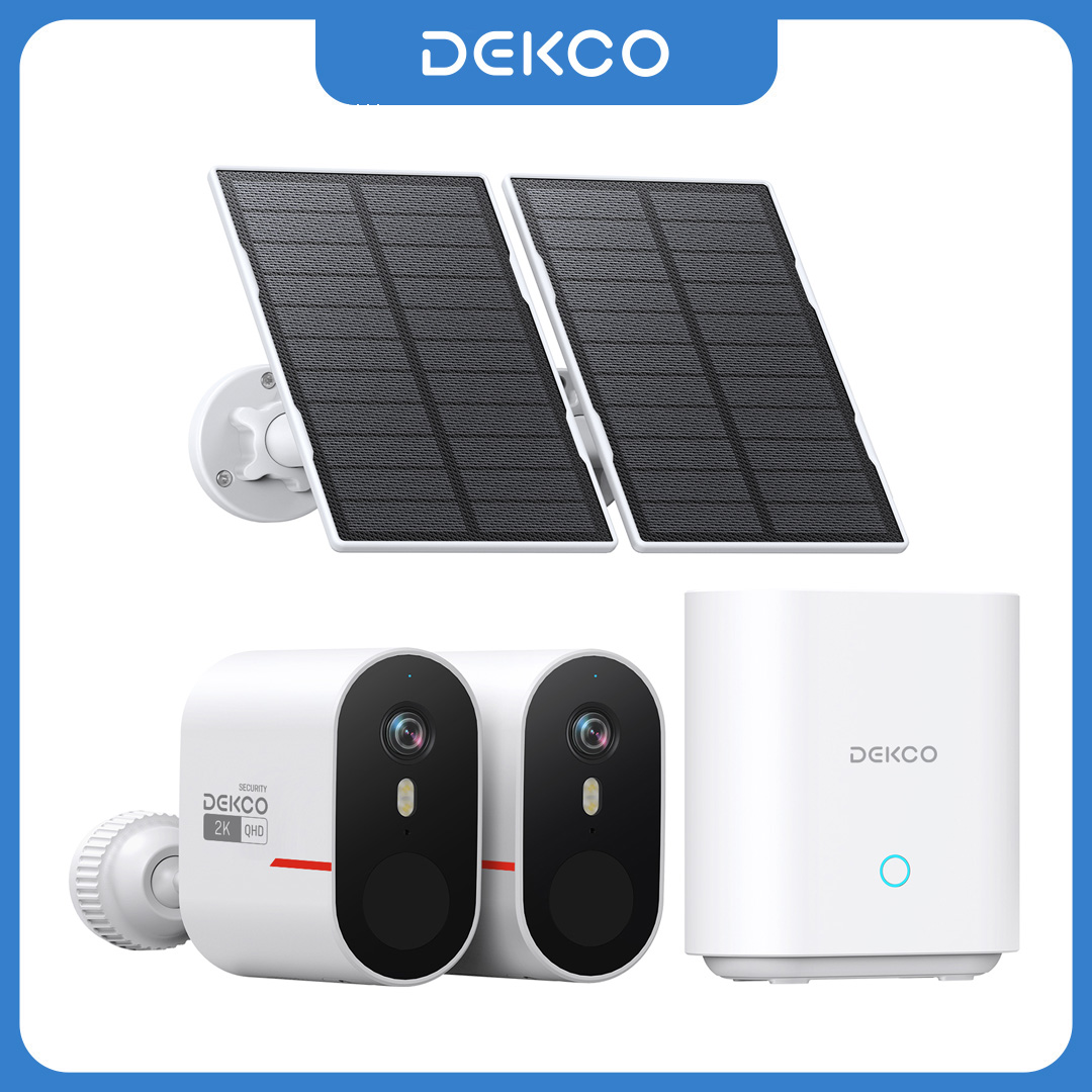 Home Security Brand - เด็คโค 3MP ไวไฟระบบกล้องโซลาร์เซลล์ 2 กล้องชุดกล้องรักษาความปลอดภัยภายในบ้านแบบไร้สายกลางแจ้งชุดกล้องมองกลางคืนสีเสียง 2