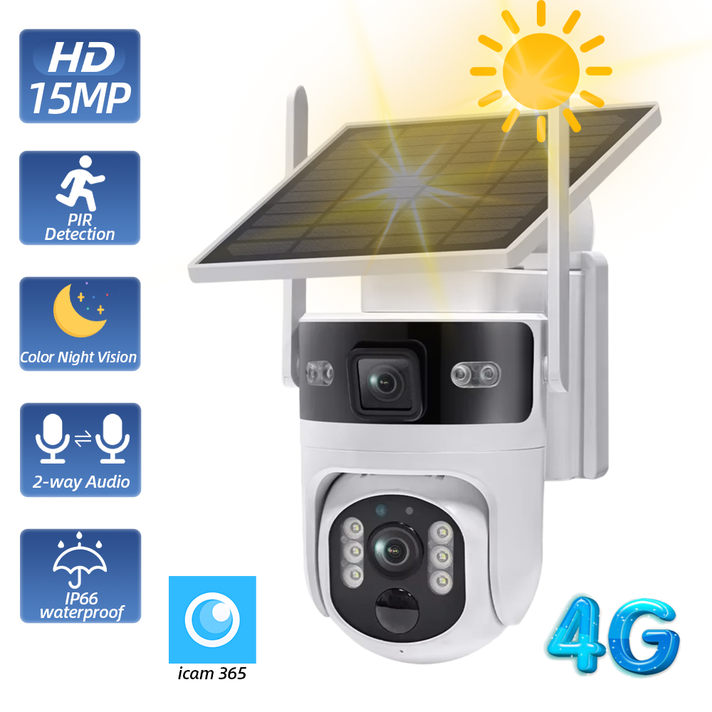 Home Yard Security - กล้องวงจรปิดไร้สายกลางแจ้ง PTZ พลังงานแสงอาทิตย์ รองรับซิม 4G เลนส์คู่