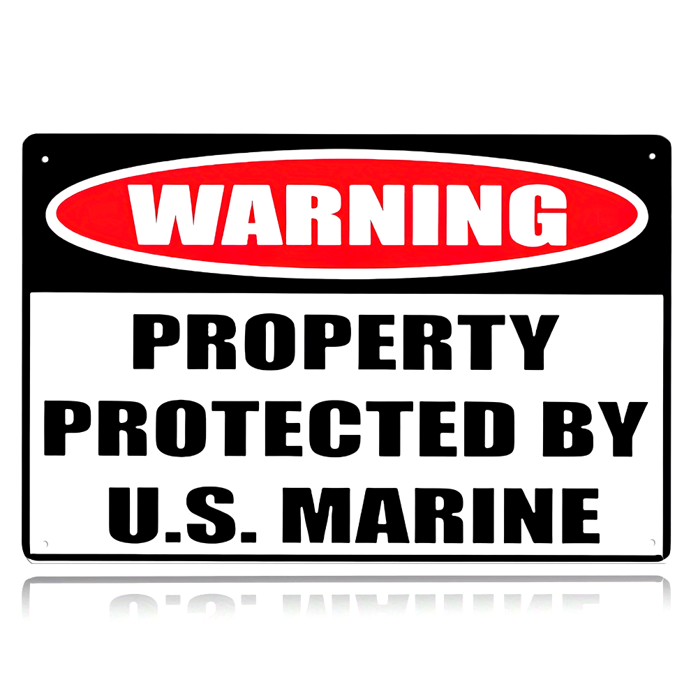 Home Yard Security - ป้ายเตือนสินทรัพย์ที่ได้รับการคุ้มครองโดยกองทัพนาวิกโยธินสหรัฐฯ ป้ายโลหะดีบุก ประกาศความปลอดภัยทางทหาร ป้ายตกแต่งสไตล์เรโทร สำหรับตกแต่งบ้าน สวน